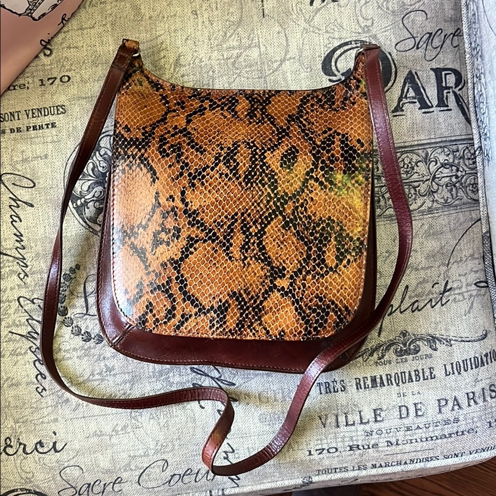 Brown vintage Rare Fossil Snake-Print Crossbody Bag with Leather Trim